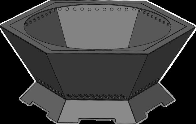 Hexagonal steel fire pit with a flared bowl, a ring of vent holes near the rim, slotted vents at the base, and a hex foot plate